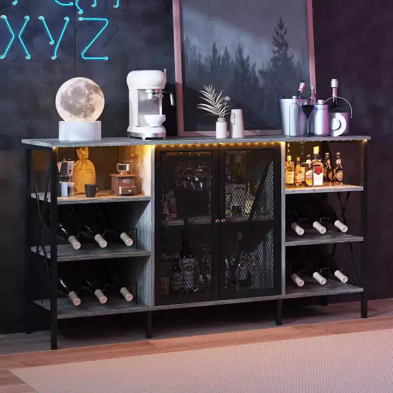 Acekool - Armario de bar industrial, aparador con botellero y estantes de almacenamiento para comedor o sala de estar