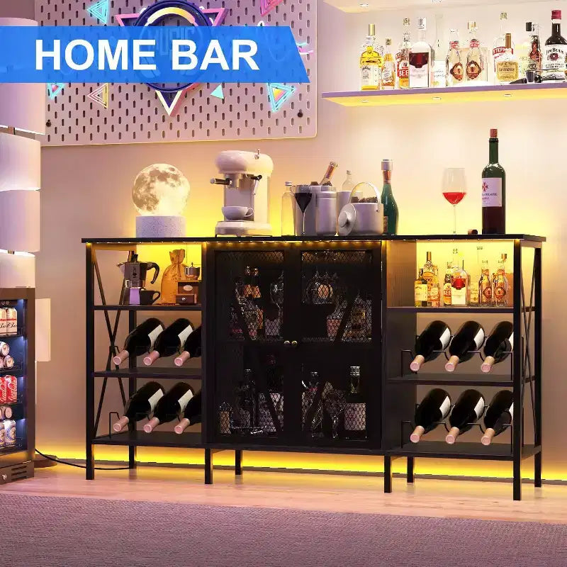 Acekool - Armario de bar industrial, aparador con botellero y estantes de almacenamiento para comedor o sala de estar