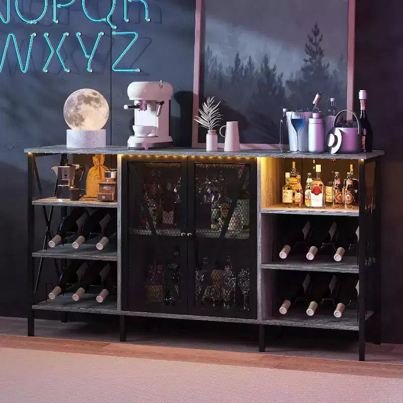 Acekool - Armario de bar industrial, aparador con botellero y estantes de almacenamiento para comedor o sala de estar