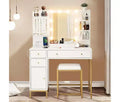 White Makeup Vanity Desk Set with Mirror & Power Outlet -Vanity Table with Storage Shelves, Drawers, Charging Ports & Stool
