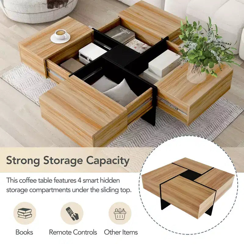 Mesa de centro cuadrada de 31.5 pulgadas con 4 compartimentos de almacenamiento ocultos, mesa de cóctel con tablero deslizante extensible, mesa auxiliar para sala de estar