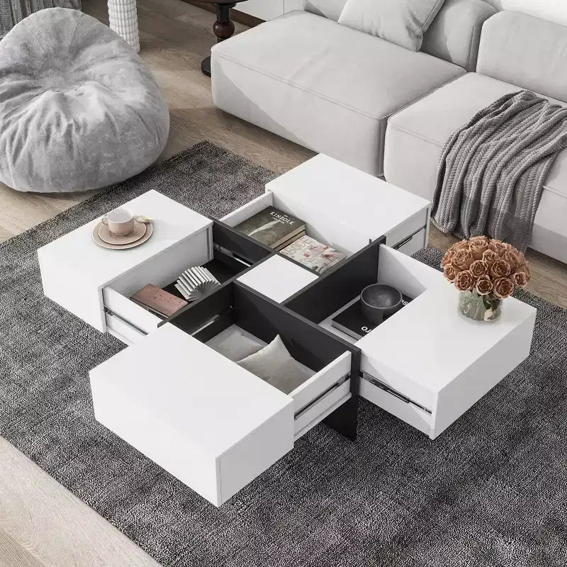 Mesa de centro cuadrada de 31.5 pulgadas con 4 compartimentos de almacenamiento ocultos, mesa de cóctel con tablero deslizante extensible, mesa auxiliar para sala de estar