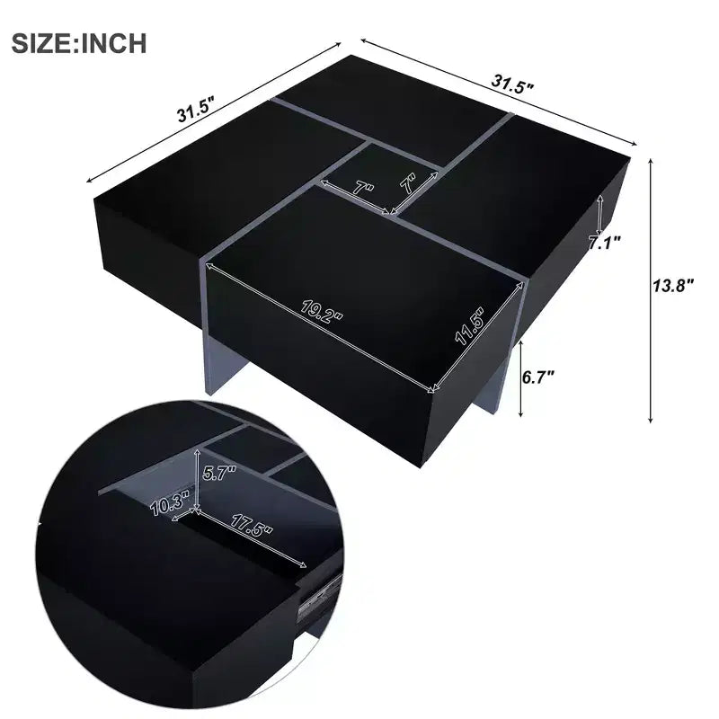 Mesa de centro cuadrada de 31.5 pulgadas con 4 compartimentos de almacenamiento ocultos, mesa de cóctel con tablero deslizante extensible, mesa auxiliar para sala de estar