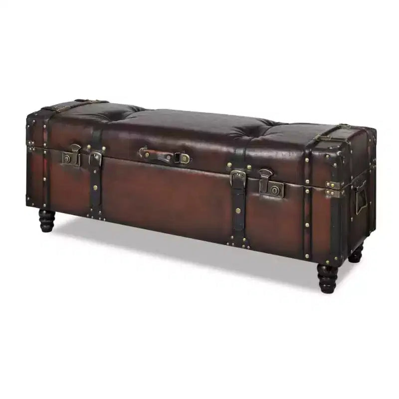 vidaXL Bancos de almacenamiento 3 unidades Marrón oscuro Madera maciza de pino y piel sintética