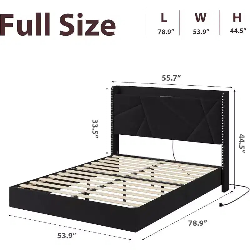 Base de cama flotante de tamaño completo, camas de plataforma tapizadas con cabecero de almacenamiento y estantes plegables, soporte de láminas de metal, no requiere somier
