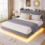 Base de cama flotante de tamaño completo, camas de plataforma tapizadas con cabecero de almacenamiento y estantes plegables, soporte de láminas de metal, no requiere somier