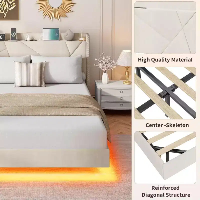Base de cama flotante de tamaño completo, camas de plataforma tapizadas con cabecero de almacenamiento y estantes plegables, soporte de láminas de metal, no requiere somier
