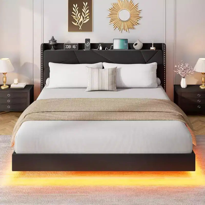 Base de cama flotante de tamaño completo, camas de plataforma tapizadas con cabecero de almacenamiento y estantes plegables, soporte de láminas de metal, no requiere somier