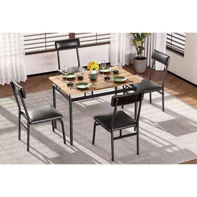 Juego de comedor Acekool de 5 piezas, mesa veteada de madera marrón, ahorra espacio, para cocina