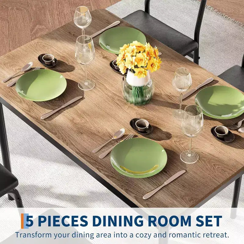 Juego de comedor Acekool de 5 piezas, mesa veteada de madera marrón, ahorra espacio, para cocina