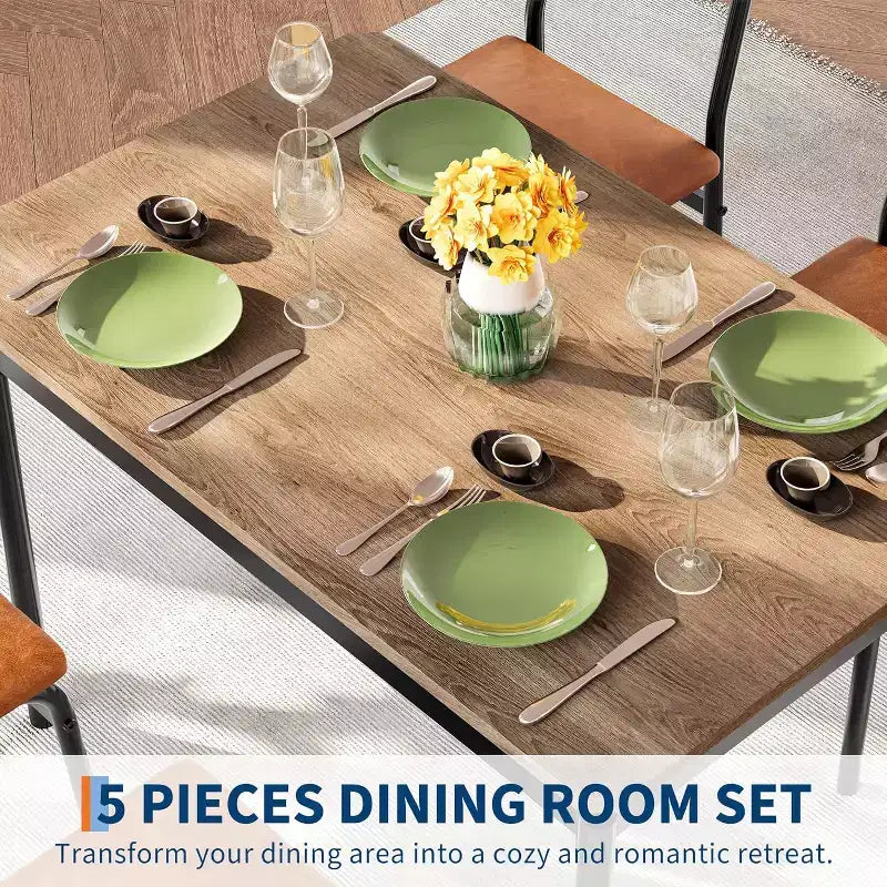 Juego de comedor Acekool de 5 piezas, mesa veteada de madera marrón, ahorra espacio, para cocina