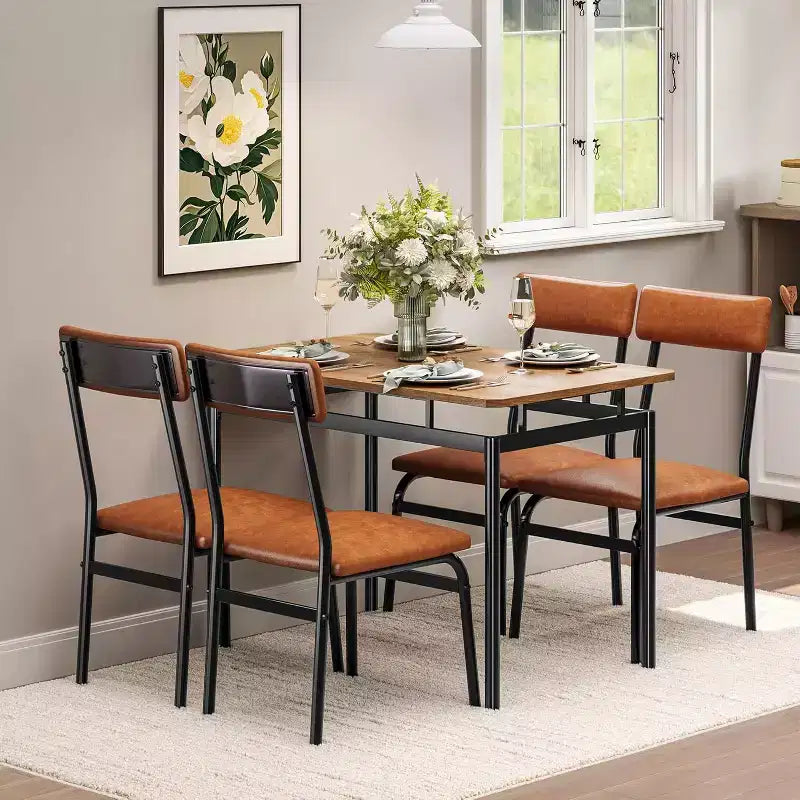 Juego de comedor Acekool de 5 piezas, mesa veteada de madera marrón, ahorra espacio, para cocina