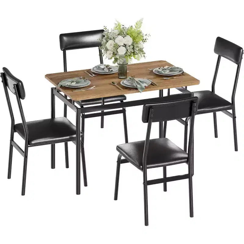 Juego de comedor Acekool de 5 piezas, mesa veteada de madera marrón, ahorra espacio, para cocina