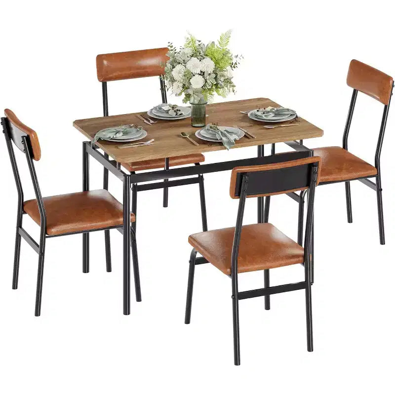 Juego de comedor Acekool de 5 piezas, mesa veteada de madera marrón, ahorra espacio, para cocina