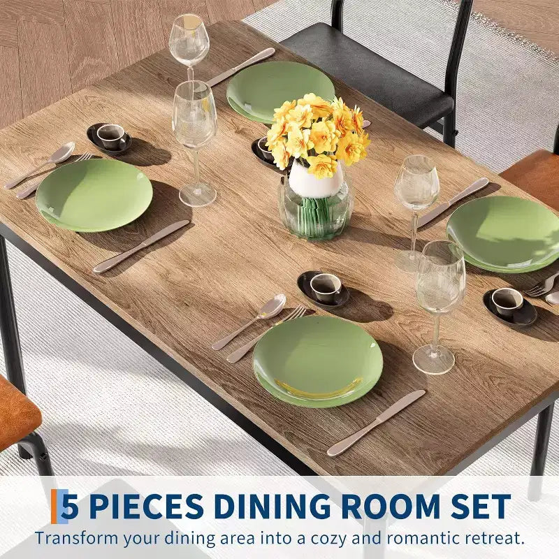 Juego de comedor Acekool de 5 piezas, mesa veteada de madera marrón, ahorra espacio, para cocina