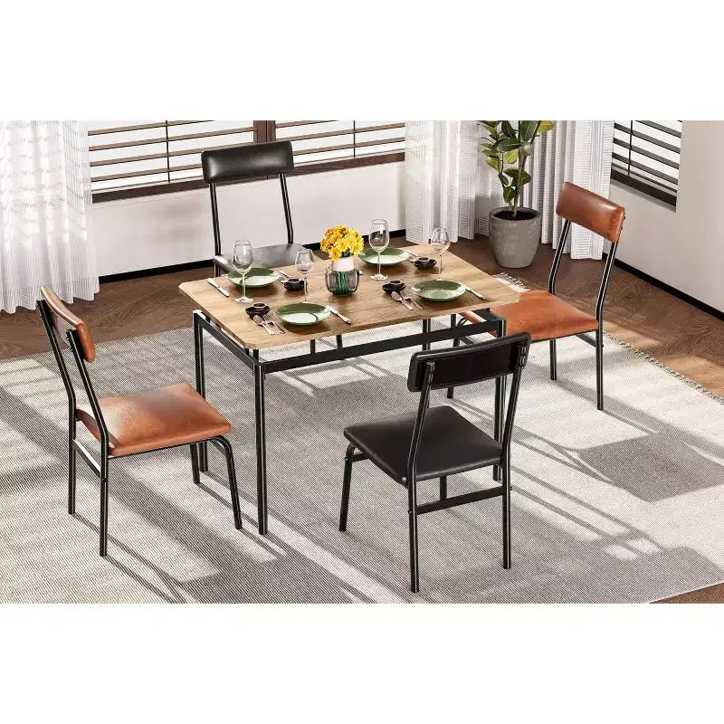 Juego de comedor Acekool de 5 piezas, mesa veteada de madera marrón, ahorra espacio, para cocina