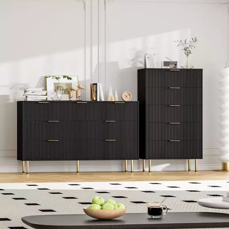 Tocador de 7 cajones Whizmax para dormitorio, organizador de cómoda de madera moderno con tiradores de metal dorados y dispositivo antivuelco para pasillo, entrada