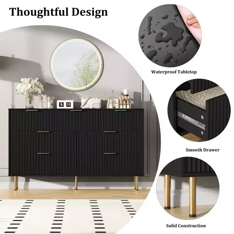 Tocador de 7 cajones Whizmax para dormitorio, organizador de cómoda de madera moderno con tiradores de metal dorados y dispositivo antivuelco para pasillo, entrada