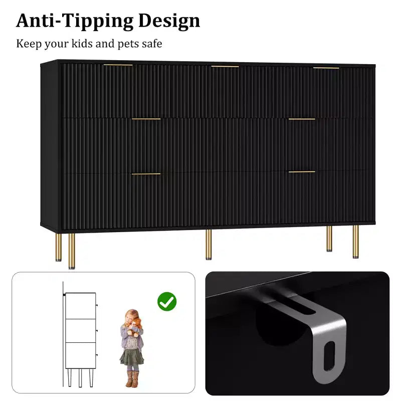 Tocador de 7 cajones Whizmax para dormitorio, organizador de cómoda de madera moderno con tiradores de metal dorados y dispositivo antivuelco para pasillo, entrada