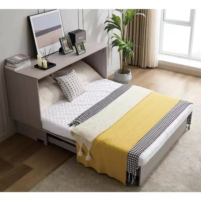 GDFStudio Enlor Arcón Cama Murphy Moderno de Madera con Colchón de Espuma Plegable, Estación de Carga y Cajones de Almacenamiento