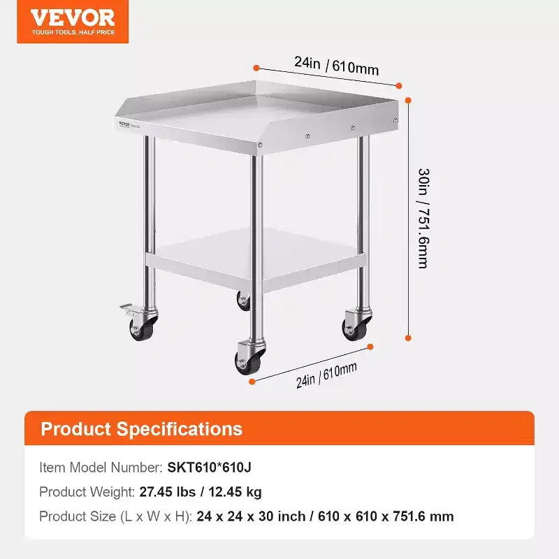 Mesa de trabajo de acero inoxidable para preparación de alimentos con 4 ruedas, protector contra salpicaduras de 3 lados, mesa de trabajo de metal de alta resistencia para restaurante, hogar y hotel