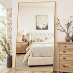 Espejo de cuerpo entero rectangular dorado de 91x46 con soporte. Un espejo de pie sobredimensionado para usar de pie o colgado