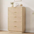 Cómoda de 5 cajones de ratán para dormitorio, diseño de cuerpo de gabinete y patas integrados, cómoda de madera para pasillos, entradas y armarios, fácil montaje
