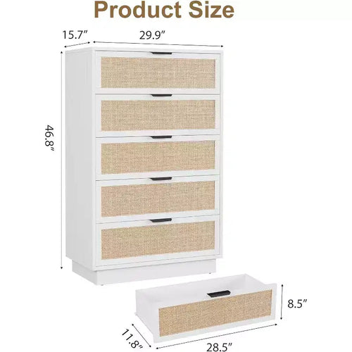 Cómoda de 5 cajones de ratán para dormitorio, diseño de cuerpo de gabinete y patas integrados, cómoda de madera para pasillos, entradas y armarios, fácil montaje