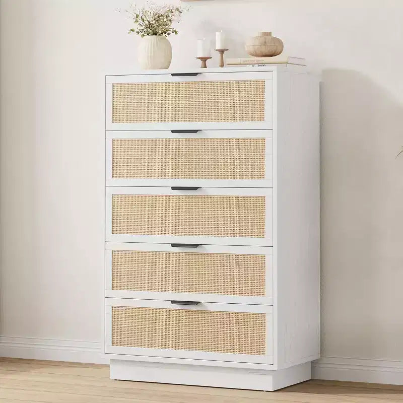 Cómoda de 5 cajones de ratán para dormitorio, diseño de cuerpo de gabinete y patas integrados, cómoda de madera para pasillos, entradas y armarios, fácil montaje