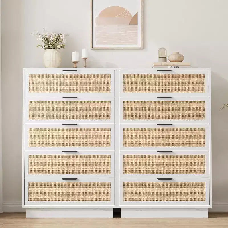 Cómoda de 5 cajones de ratán para dormitorio, diseño de cuerpo de gabinete y patas integrados, cómoda de madera para pasillos, entradas y armarios, fácil montaje