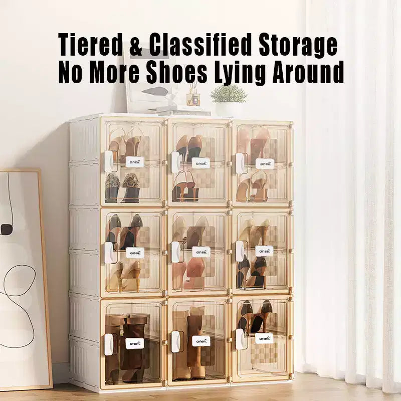 Organizador de zapatos de 4 piezas, organizador de zapatos apilable de plástico transparente para armario, caja de zapatos apilable de plástico transparente para entrada, plegable, ahorra espacio