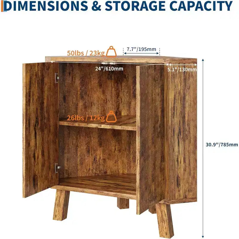 Gabinete esquinero rústico de 3 niveles con estante ajustable, mesa esquinera de madera con puertas y mesa auxiliar triangular para sala de estar y cocina