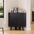 Gabinete esquinero rústico de 3 niveles con estante ajustable, mesa esquinera de madera con puertas y mesa auxiliar triangular para sala de estar y cocina