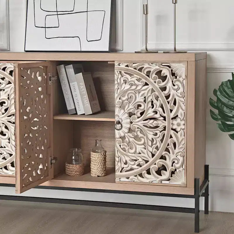 GDFStudio Eni Gabinete de almacenamiento vintage de 59'' con 4 puertas de madera tallada y 2 estantes