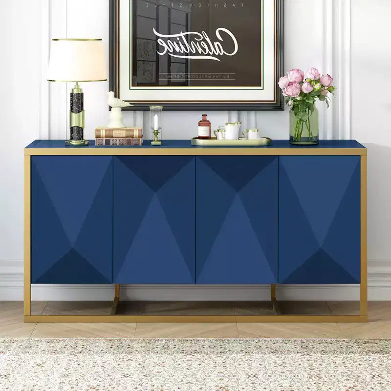 Aparador de bufé, mueble aparador de madera para cocina, barra de café, mesa consola de almacenamiento con 4 puertas y patas de metal únicas