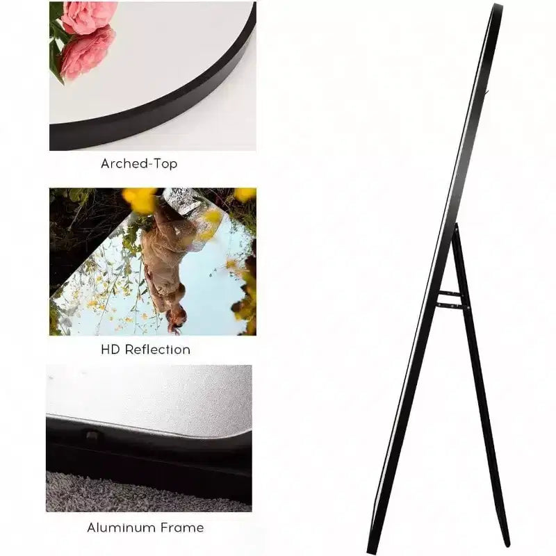 Espejo negro de cuerpo entero con arco, 58x18 con marco de aluminio. Úselo como espejo de pie o de pared.