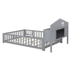 Cama de suelo Bellemave estilo Montessori con estantería y pizarra, cama de plataforma de madera maciza con barandillas y cabecero de almacenamiento para niños y adolescentes
