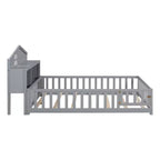 Cama de suelo Bellemave estilo Montessori con estantería y pizarra, cama de plataforma de madera maciza con barandillas y cabecero de almacenamiento para niños y adolescentes