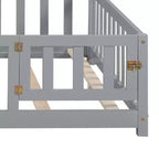 Cama de suelo Bellemave estilo Montessori con estantería y pizarra, cama de plataforma de madera maciza con barandillas y cabecero de almacenamiento para niños y adolescentes