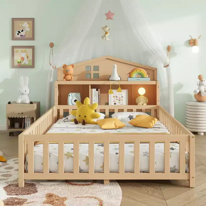 Cama de suelo Bellemave estilo Montessori con estantería y pizarra, cama de plataforma de madera maciza con barandillas y cabecero de almacenamiento para niños y adolescentes