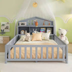 Cama de suelo Bellemave estilo Montessori con estantería y pizarra, cama de plataforma de madera maciza con barandillas y cabecero de almacenamiento para niños y adolescentes