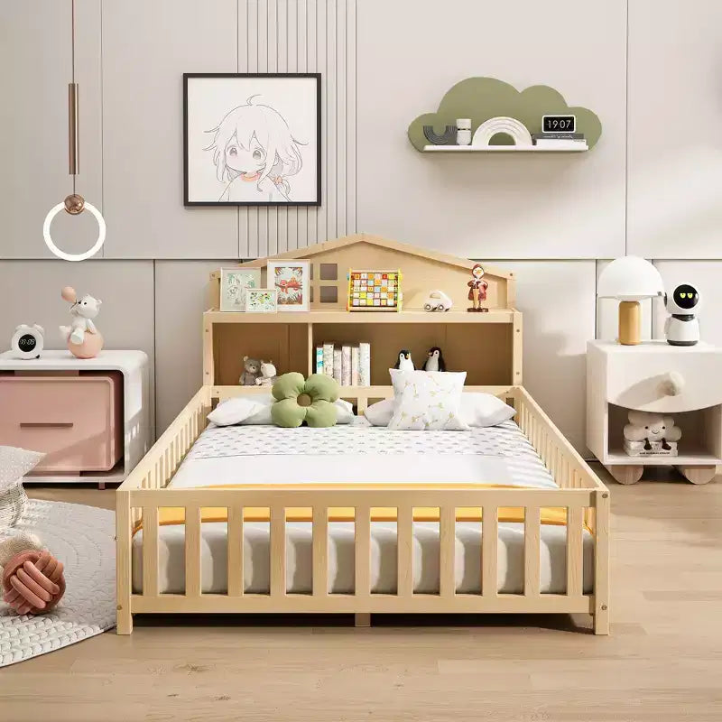 Cama de suelo Bellemave estilo Montessori con estantería y pizarra, cama de plataforma de madera maciza con barandillas y cabecero de almacenamiento para niños y adolescentes