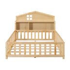 Cama de suelo Bellemave estilo Montessori con estantería y pizarra, cama de plataforma de madera maciza con barandillas y cabecero de almacenamiento para niños y adolescentes