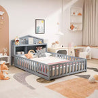 Cama de suelo Bellemave estilo Montessori con estantería y pizarra, cama de plataforma de madera maciza con barandillas y cabecero de almacenamiento para niños y adolescentes