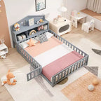 Cama de suelo Bellemave estilo Montessori con estantería y pizarra, cama de plataforma de madera maciza con barandillas y cabecero de almacenamiento para niños y adolescentes