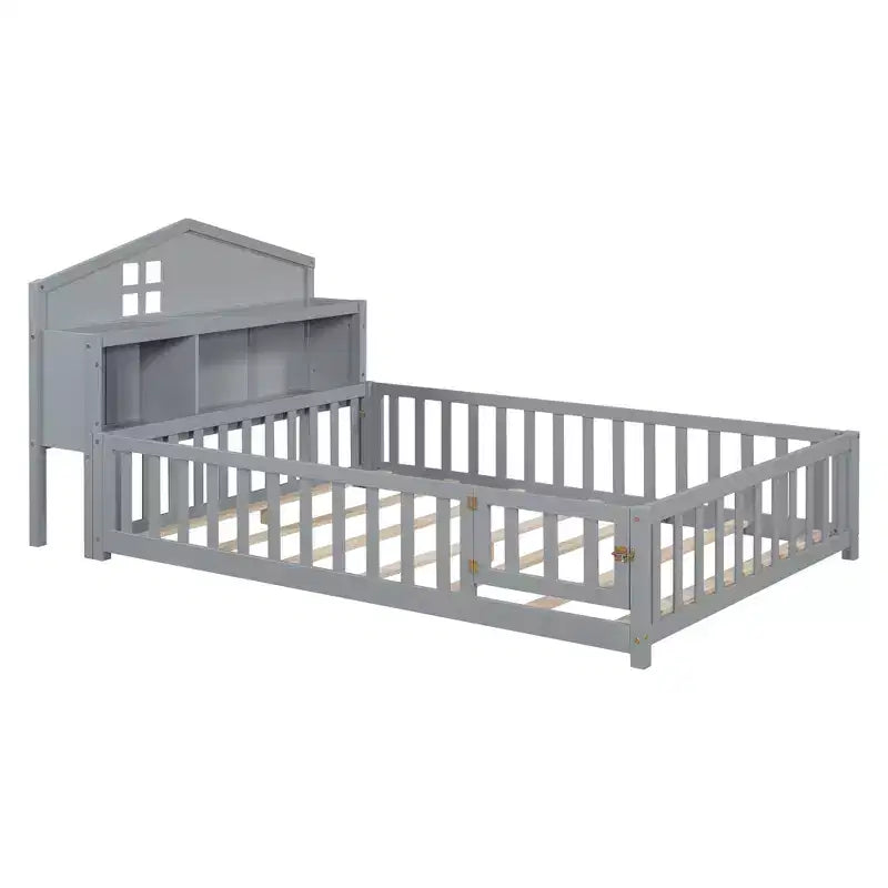 Cama de suelo Bellemave estilo Montessori con estantería y pizarra, cama de plataforma de madera maciza con barandillas y cabecero de almacenamiento para niños y adolescentes