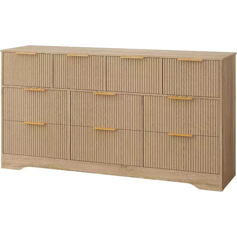 Cómoda de 55 acanalada con tiradores dorados, organizador de cómoda doble de 10 cajones, cómoda larga moderna para almacenamiento en armario de dormitorio, natural