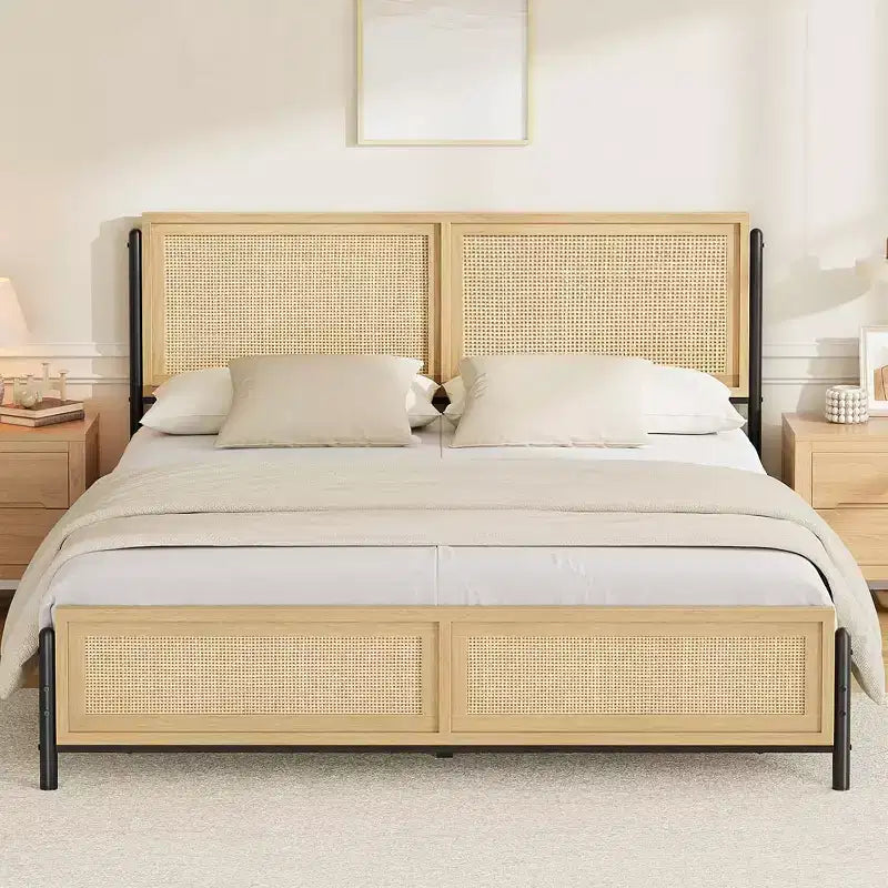 Acekool Boho Rattan Bed Frame Natural Wood Platform with Headboard Storage for Bedroom