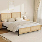 Acekool Boho Rattan Cama Plataforma de Madera Natural con Cabecero y Almacenamiento para Dormitorio