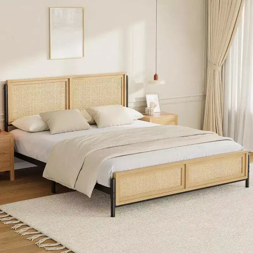 Acekool Boho Rattan Cama Plataforma de Madera Natural con Cabecero y Almacenamiento para Dormitorio